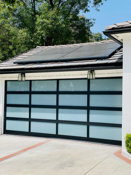 Contemporary Black Aluminum & White Laminate (Privacy) Glass Garage Door