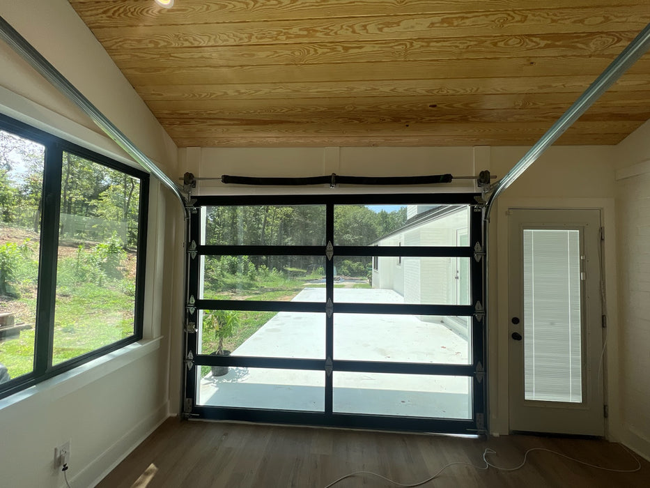 Contemporary Black Aluminum & Clear Tempered Glass Garage Door