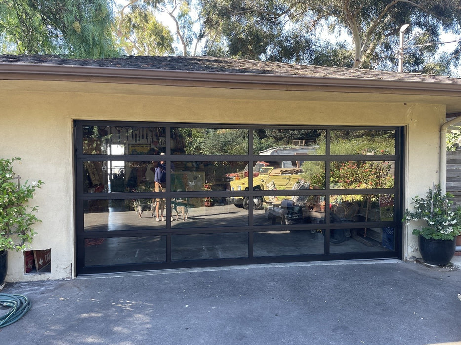 Contemporary Dark Bronze Aluminum & Clear Tempered Glass Garage Door