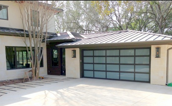 Contemporary Black Aluminum & White Laminate (Privacy) Glass Garage Door
