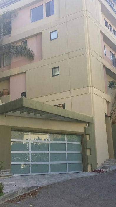 Contemporary Aluminum & White Laminate (Privacy) Glass Garage Door