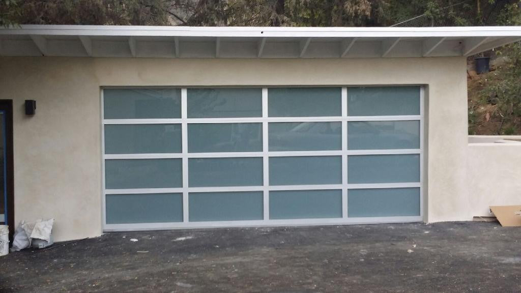 Contemporary Aluminum & White Laminate (Privacy) Glass Garage Door