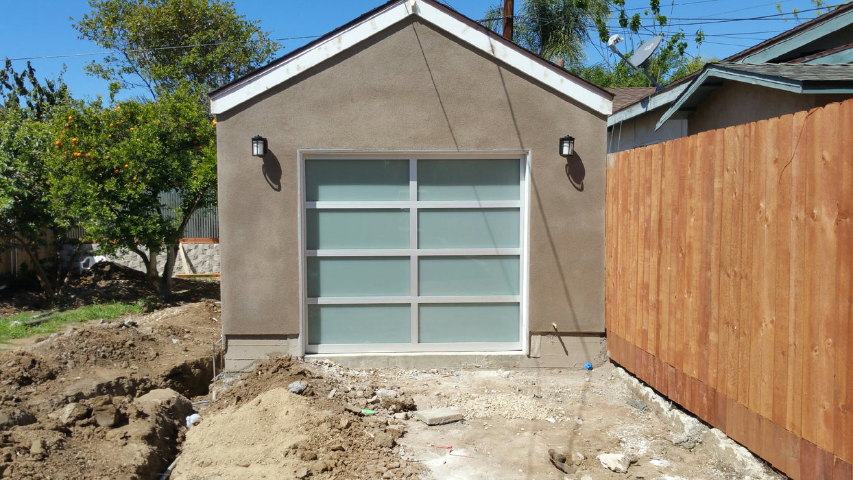 Contemporary Aluminum & White Laminate (Privacy) Glass Garage Door