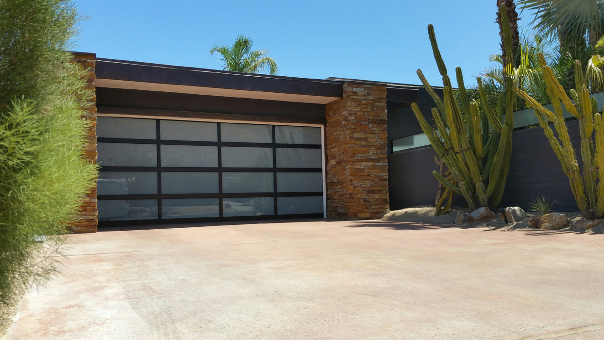 Contemporary Black Aluminum & White Laminate (Privacy) Glass Garage Door