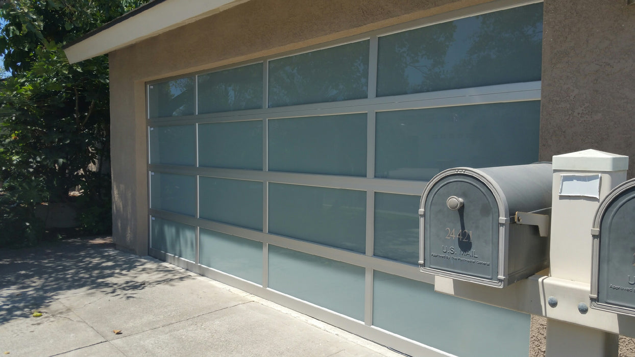 Contemporary Aluminum & White Laminate (Privacy) Glass Garage Door
