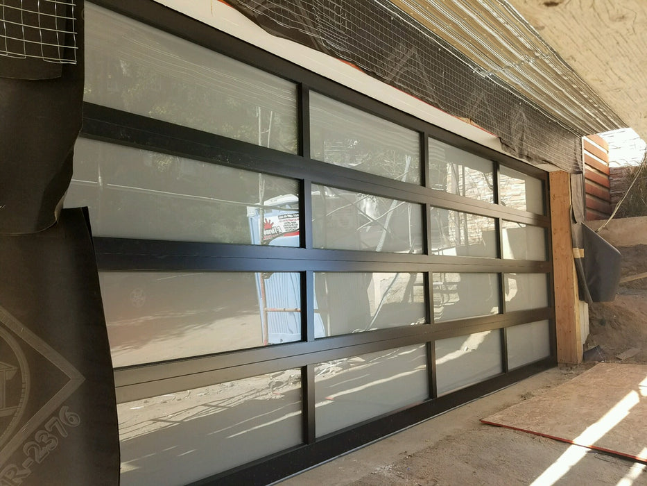 Contemporary Black Aluminum & White Laminate (Privacy) Glass Garage Door