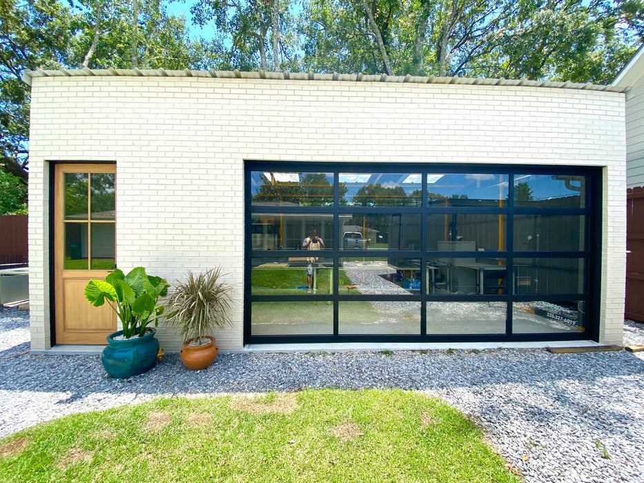 Contemporary Black Aluminum & Clear Tempered Glass Garage Door
