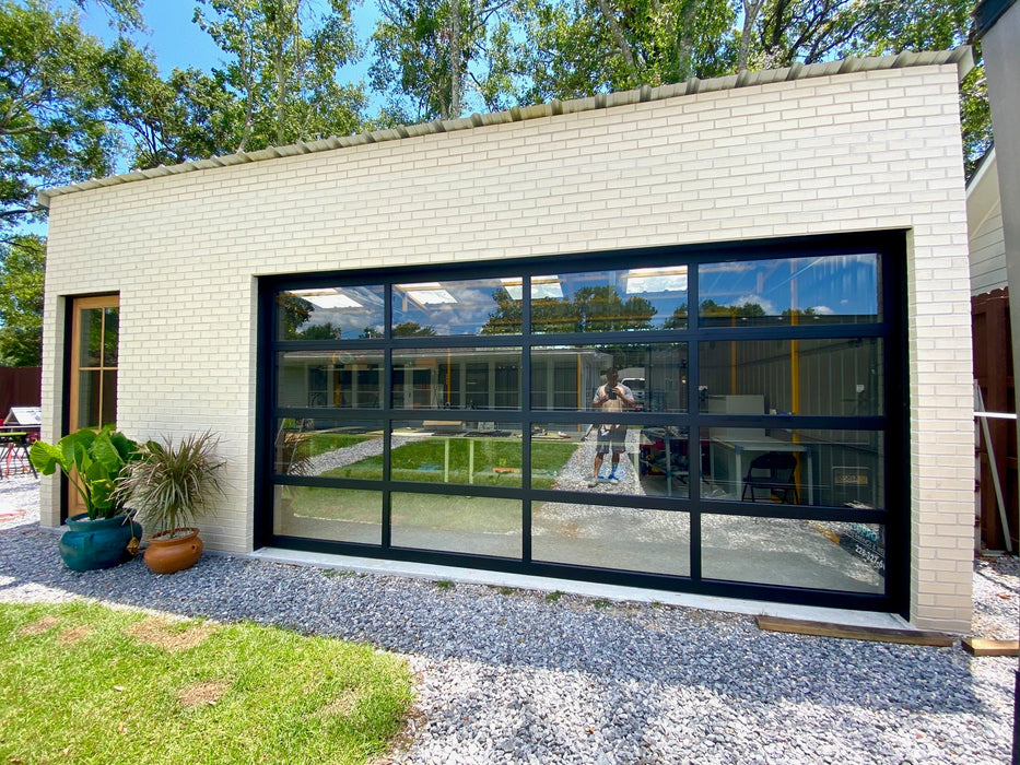 Contemporary Black Aluminum & Clear Tempered Glass Garage Door
