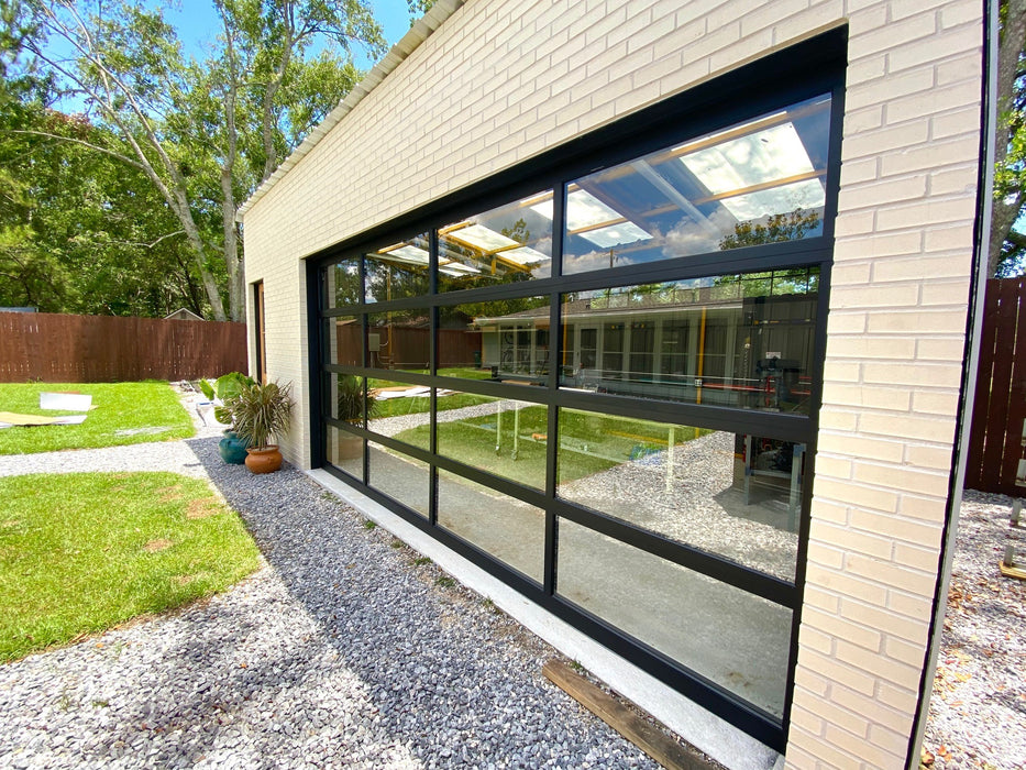 Contemporary Black Aluminum & Clear Tempered Glass Garage Door
