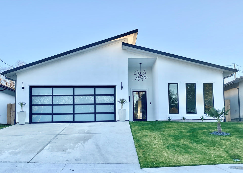 Contemporary Black Aluminum & White Laminate (Privacy) Glass Garage Door