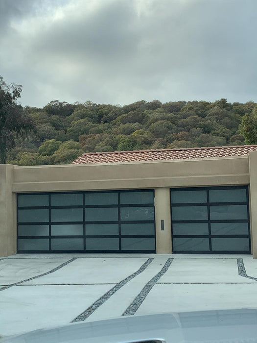 Contemporary Black Aluminum & White Laminate (Privacy) Glass Garage Door