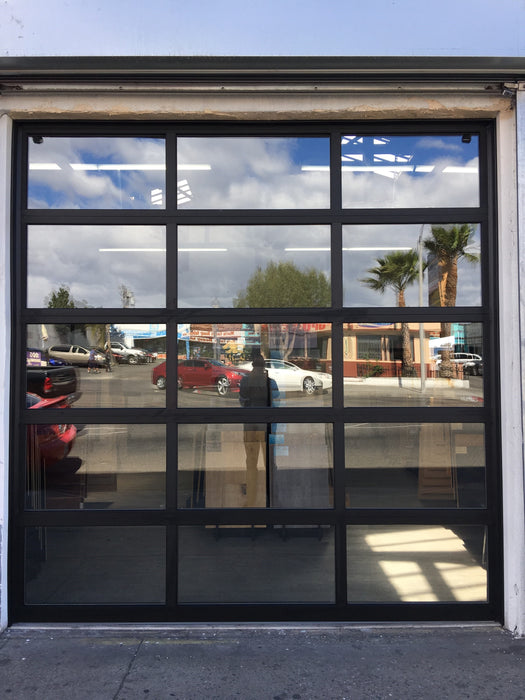 Contemporary Black Aluminum & Clear Tempered Glass Garage Door