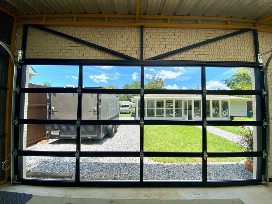 Contemporary Black Aluminum & Clear Tempered Glass Garage Door