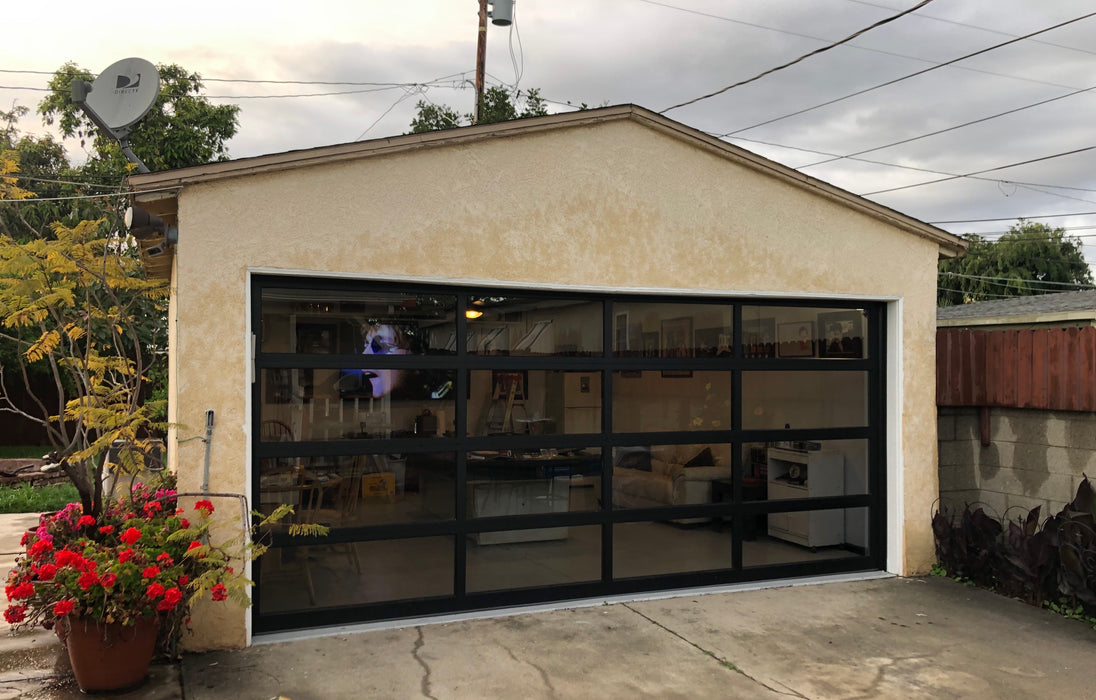 Contemporary Black Aluminum & Gray Tinted (See Through) Glass Garage Door