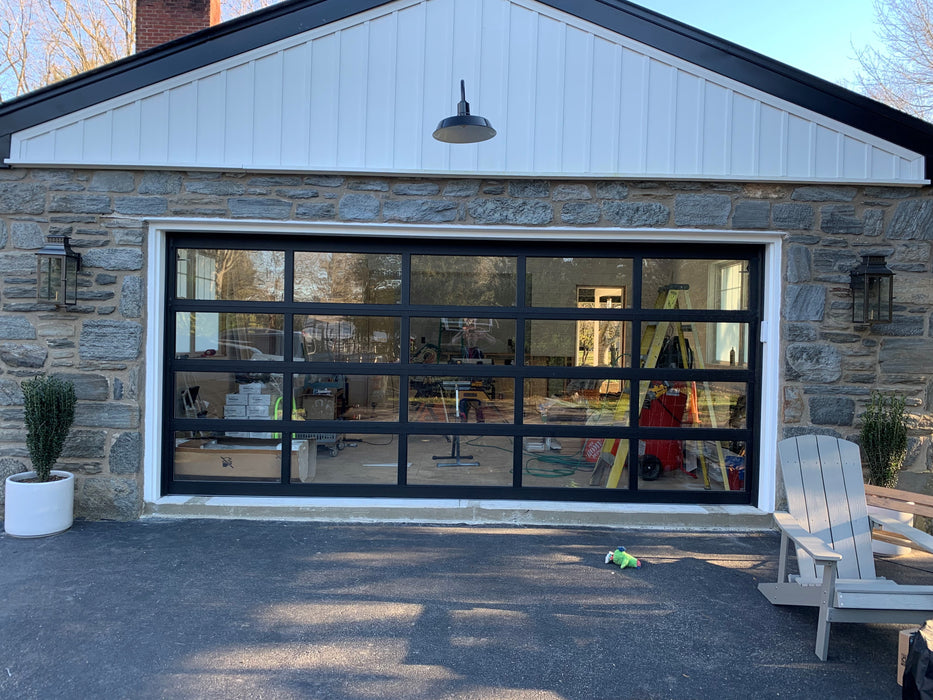 Contemporary Black Aluminum & Clear Tempered Glass Garage Door