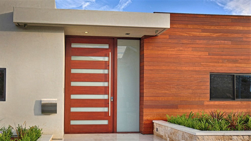 Maranti - Modern Mahogany Wood and White Laminated Glass Entry Solid Door