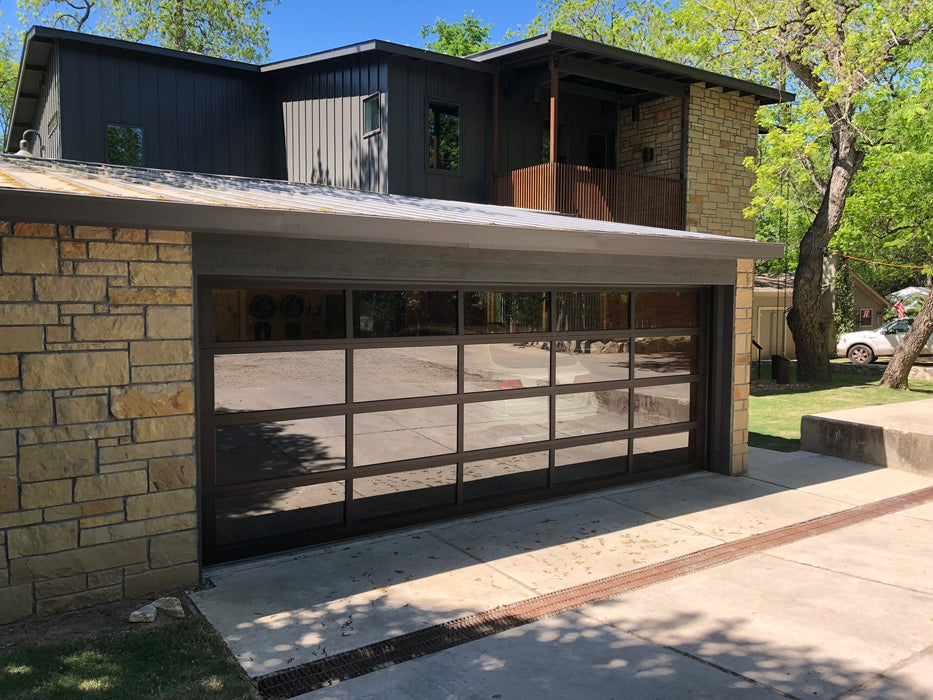 Contemporary Dark Bronze Aluminum & Clear Tempered Glass Garage Door
