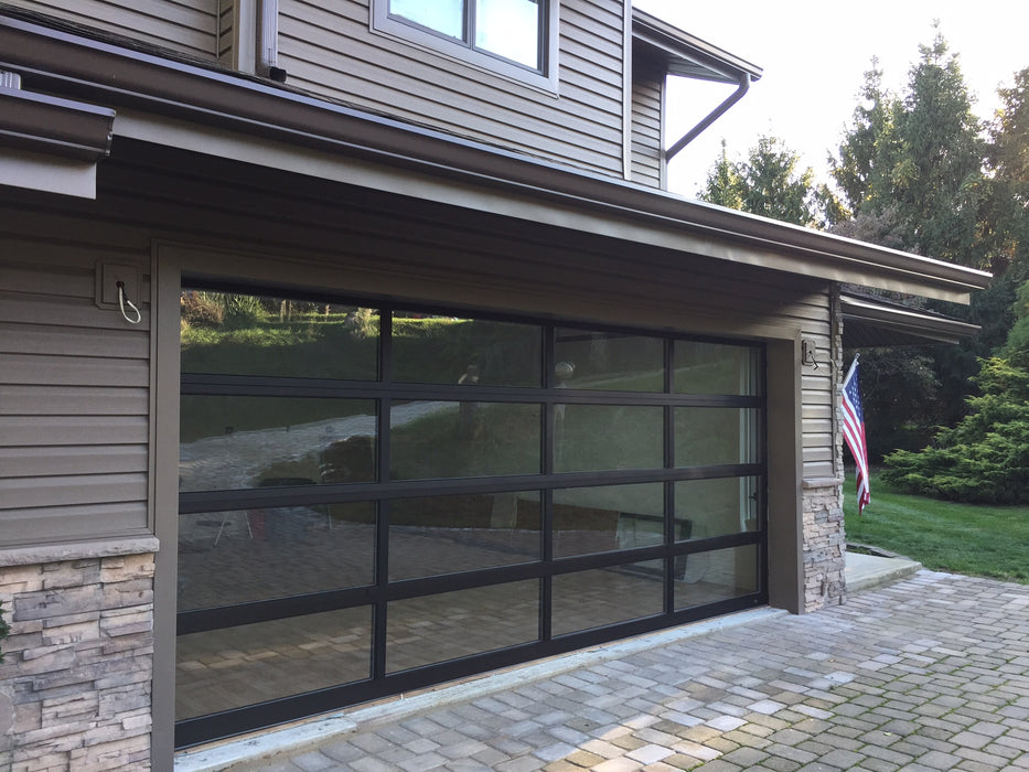 Contemporary Dark Bronze Aluminum & Clear Tempered Glass Garage Door