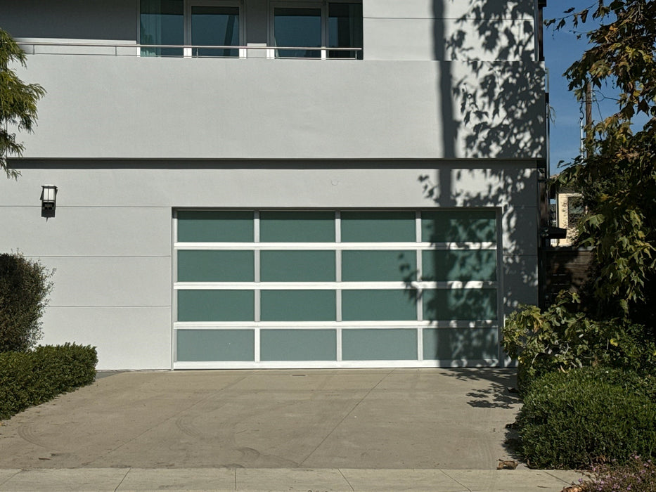 Contemporary Aluminum & White Laminate (Privacy) Glass Garage Door