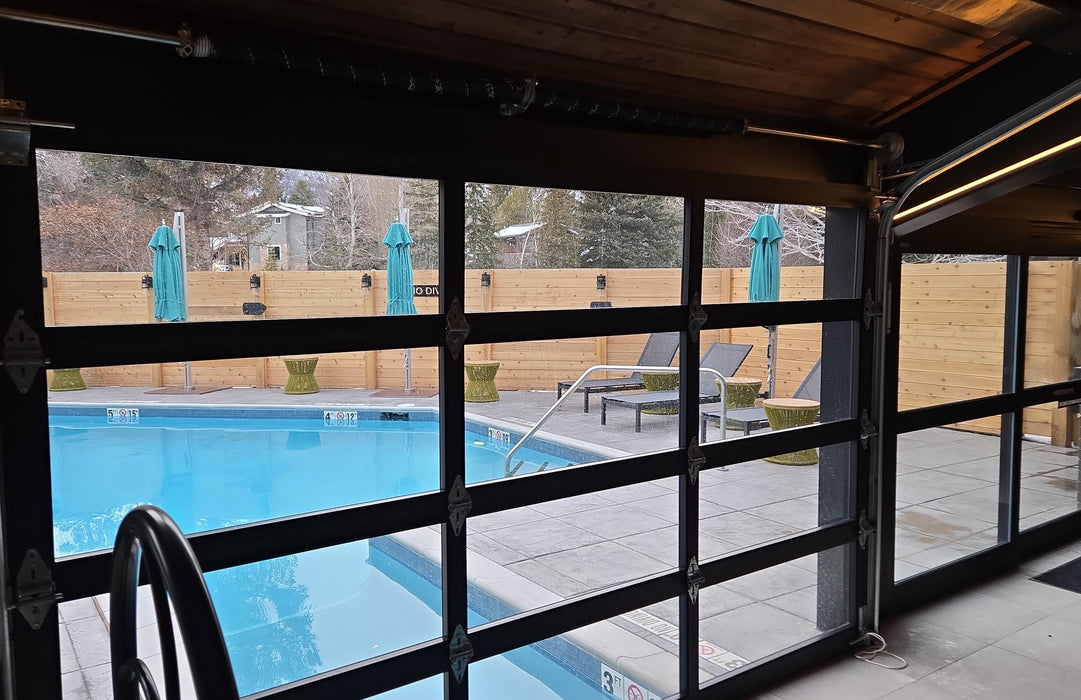 Contemporary Black Aluminum & Clear Tempered Modern Glass Garage Door