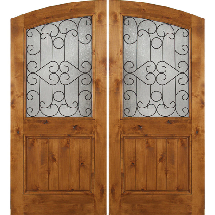 Noble - Spanish Solid Rustic Knotty Alder Wood Arch Double Doors with Decorative Iron Work