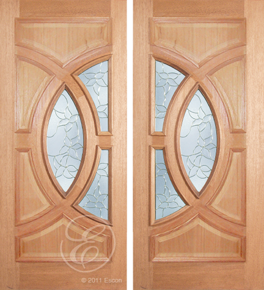 Andres - One Side Raised Moulding Mahogany Wood Exterior Double Doors with Beveled Glass
