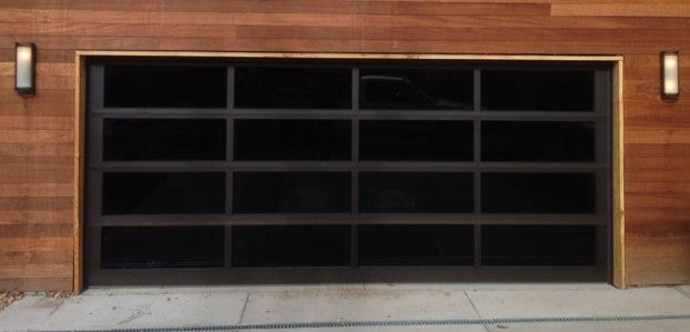 Contemporary Black Aluminum & Black Laminate (Privacy) Glass Garage Door