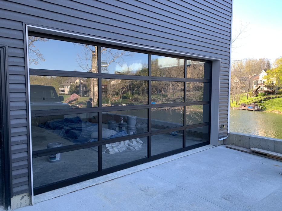 Contemporary Black Aluminum & Black Laminate (Privacy) Glass Garage Do —  Lux Garage Doors