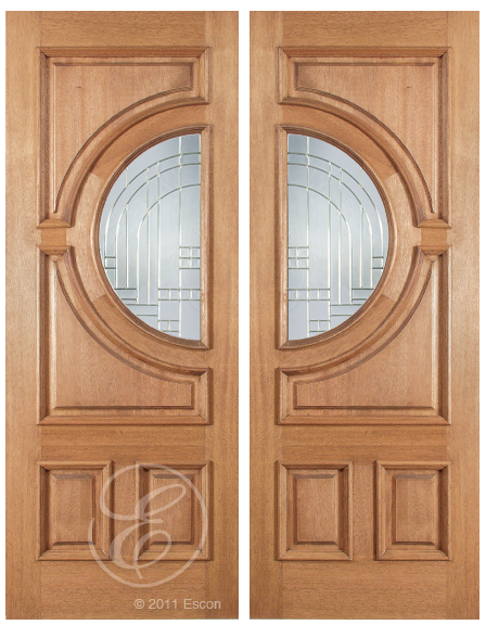 Corey - One Side Raised Moulding Mahogany Wood Exterior Double Doors with Beveled Glass