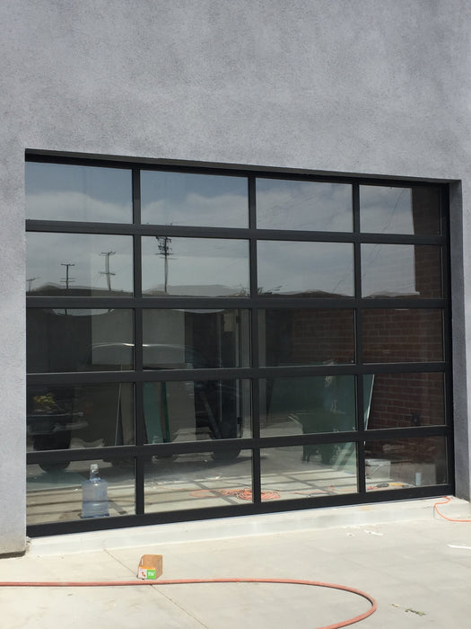 Contemporary Black Aluminum & Clear Tempered Glass Garage Door