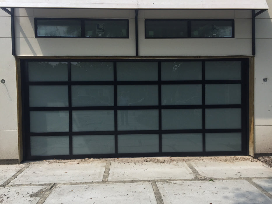 Contemporary Black Aluminum & White Laminate (Privacy) Glass Garage Door