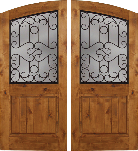 Palermo - Spanish Solid Rustic Knotty Alder Wood Arch Double Doors with Decorative Iron Work