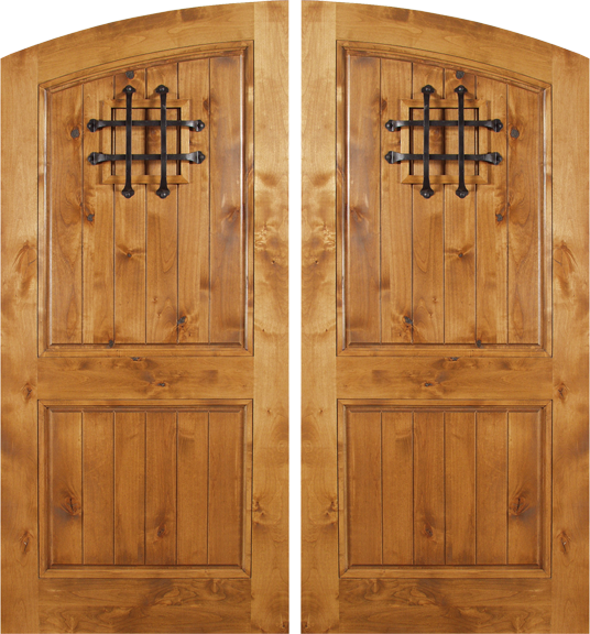 Venice - Spanish Solid Rustic Knotty Alder Wood Arch Double Doors Including Decorative Hardware