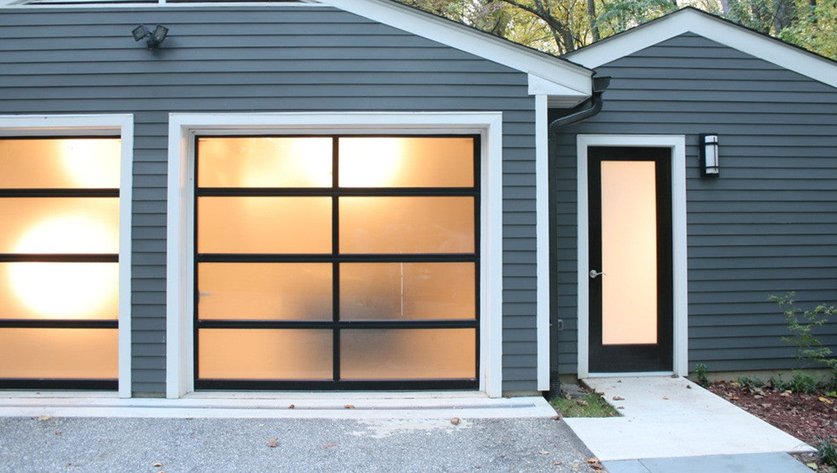 Contemporary Aluminum & Frosted Tempered (Privacy) Glass Garage Door — Lux Garage  Doors