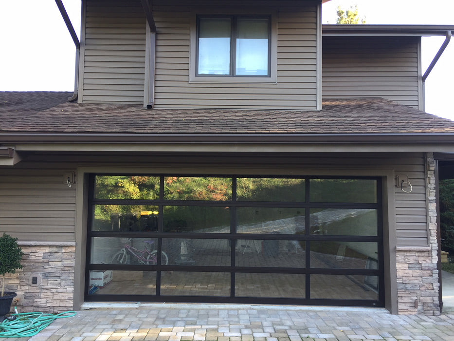 Contemporary Dark Bronze Aluminum & Clear Tempered Glass Garage Door