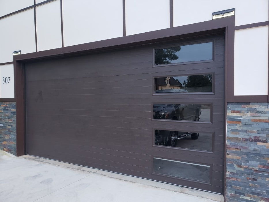 Mundo - Flush Panel Steel with a Natural Wood-Grain Texture Garage Door and Vertical Windows