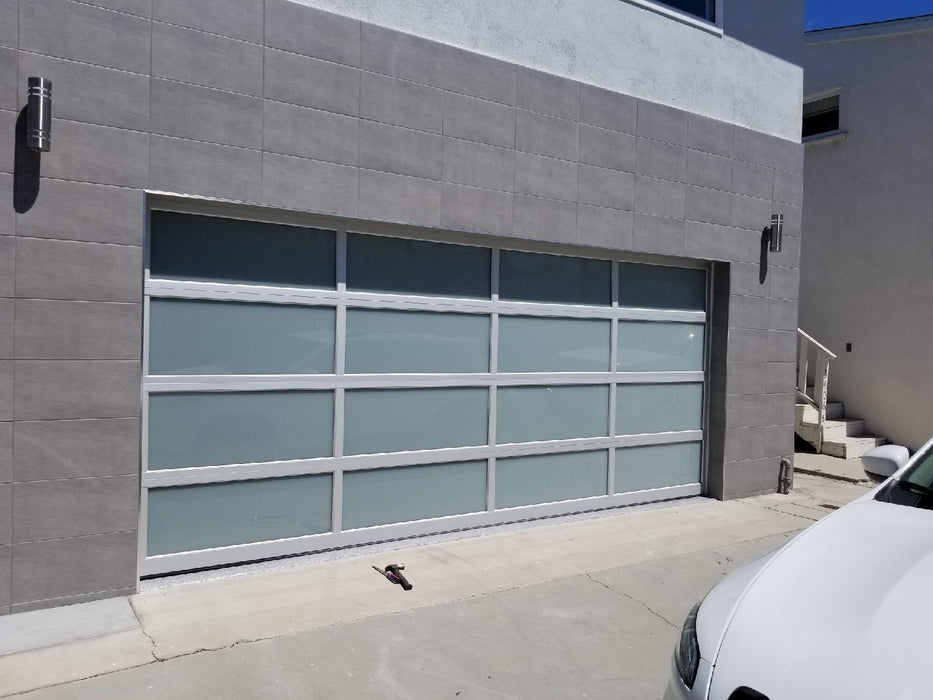 Contemporary Aluminum & White Laminate (Privacy) Glass Garage Door